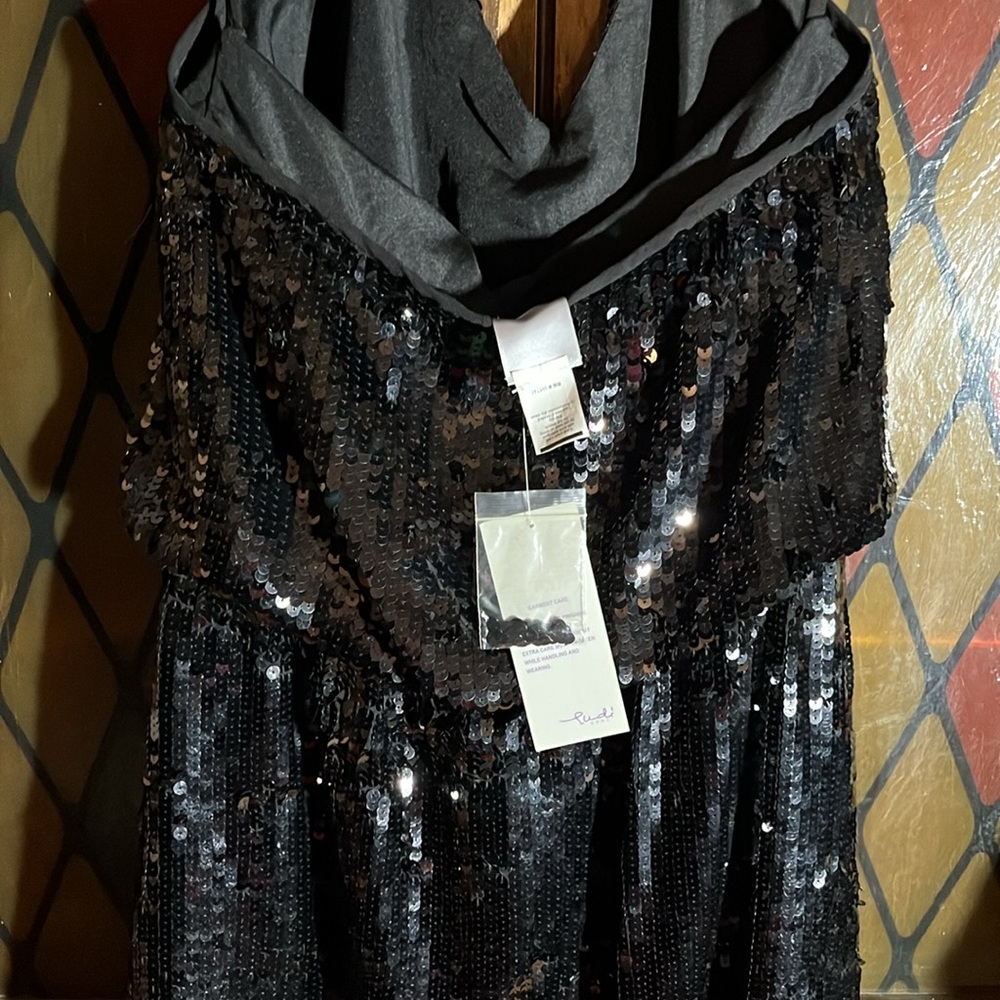 Gudi Black sequin halter mini dress w/ cinching at waist. - Picture 9 of 9